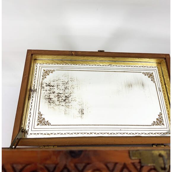 Vintage 50s 60s Wooden Jewelry Box Carved with Mirror Inside - Picture 8 of 10